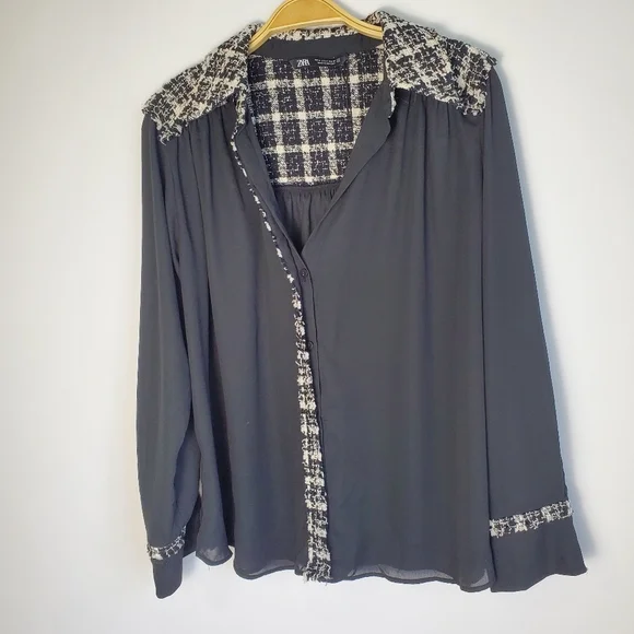 Zara Black Blouse with Tweed Trim - Picture 5 of 9